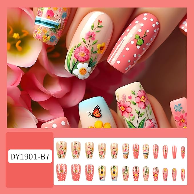 Flower Press on Nails Medium Ballet Shaped Spring Summer False Nail Colorful Floral Butterfly Pattern Design Artificial Stick on Nail Press Ons with Blossom Design Acrylic Glue on Nails for Women