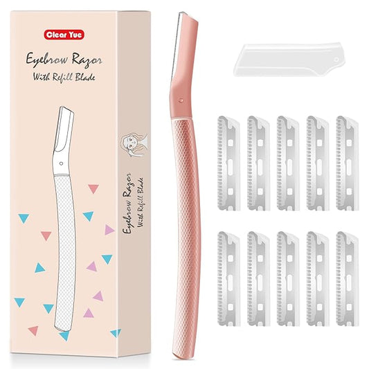 Dermaplane razor for women with 10 replaceable blades, dermaplaning tool for facial peach fuzz, eyebrows, exfoliation, and also suitable for shaving men beards, Rose Gold