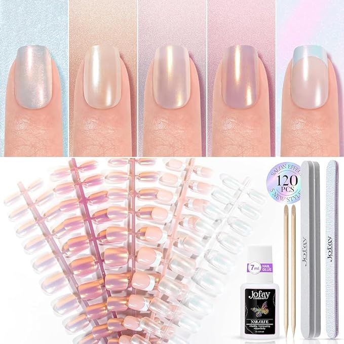 NEW Press on Nails Short, Jofay Fashion 120Pcs Salon-Like Fake Nails with French Mermaid/Pearl/Aurora Chrome Nail Designs, Glossy Artificial Acrylic False Nails, Glue on Nails for Women