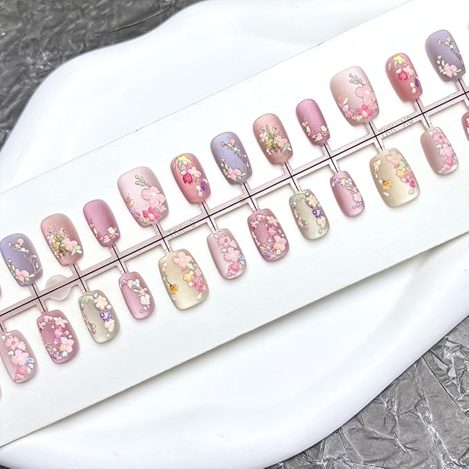 Fall Flower Press on Nails Short Fake Nails with 3D Floral Designs Matte Embossed Flowers False Nails Artificial Acrylic Nail Press ons Reusable Summer Stick on Nails for Women DIY Manicure,30pcs