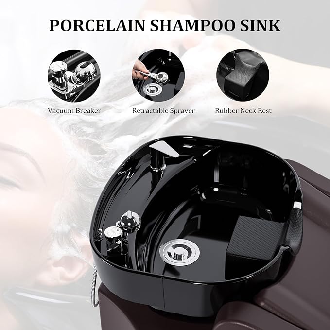 Salon Shampoo Bowl and Chair, Hair Wash Chair Shampoo Station with Deep Ceramic Sink, Backwash Barber Chair Shampoo Unit for Beauty Spa Barbershop Massage