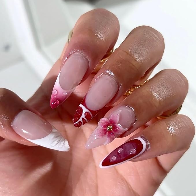 Red French Tip Press on Nails Medium Almond Fake Nails with 3D Flower Designs Summer False Nail Tips Glue on Nails Acrylic Full Cover Stick on Nail for Women Quick Manicure Kit 24Pcs