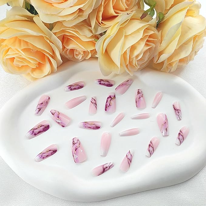 Coffin Press on Nails Medium Fake Nails White Gradient Coffin Nails Press ons with Purple Blooming Gold Leaf Design Glue on Nails Light Pink Full Cover False Nails Glossy Acrylic Nails for Girls 24Pcs