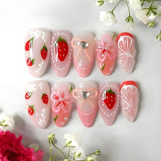 24Pcs Cute Strawberry Press on Nails Medium Almond Fake Nails 3D Pink Flower with Bow Rhinestones Pearl Glitter Design Glossy Glue on Nails French Tip False Nails for Women Acrylic Manicure Salon DIY