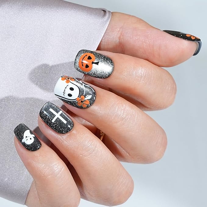 Halloween Press On Nails - Pumpkin Specter, Gray Cat Eye Halloween Nails, Acrylic Short Square Glue On Nails with Nail Glue, Fit Perfectly & Natural Stick On Nails in 16 Sizes - 32PCS Soft Gel Kit