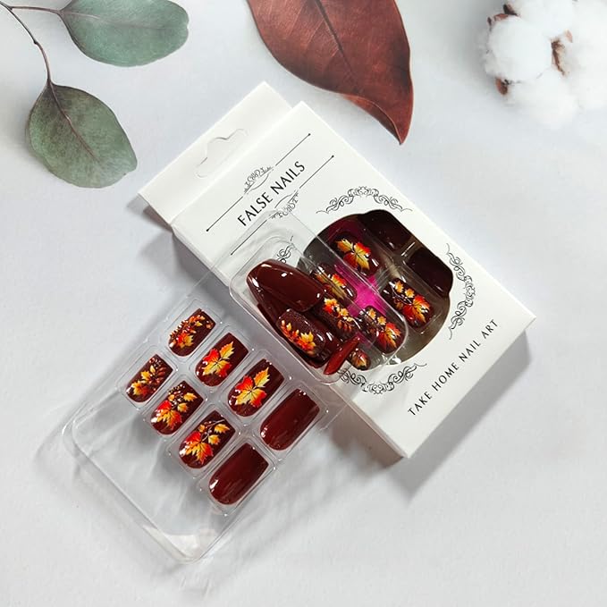 Fall Press on Nails 3D Maple Leaf Fake Nails with Rhinestones Design Brown Glossy Glue on Nail Medium Square Acrylic False Nail Stick on Fingernails Thanksgiving Artificial Nails for Women