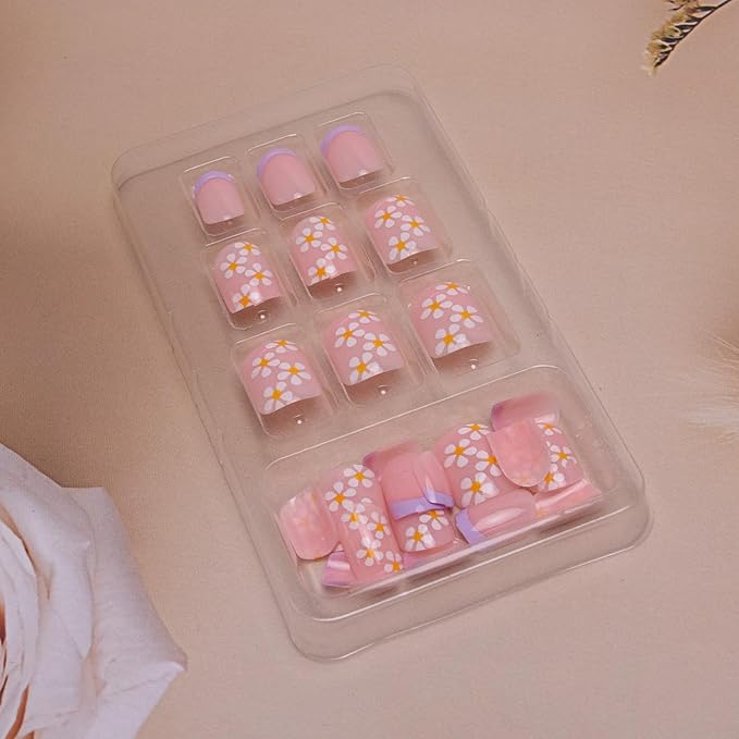 French Tip Press on Nails Short Square Fake Nails Flowers Acrylic Nails Floral False Nails Press ons Glossy Stick on Nails Cute Artificial Nails for Women Girls Nails Decoration Manicure 24Pcs
