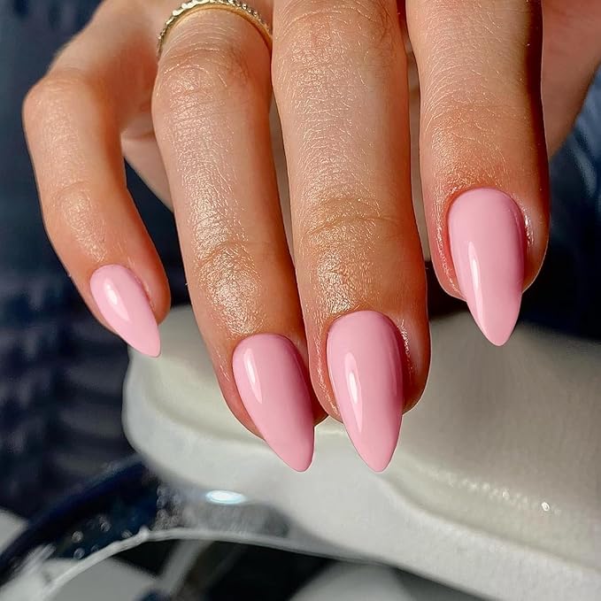 48Pcs Pink Press On Almond Nails - Medium Length, Stiletto & False Nails, Thick Natural Acrylic Gel Finish