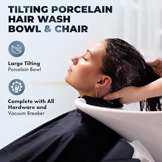 Buy-Rite Shelby Backwash Unit - Professional Salon Shampoo Chair with Deep Tilting White Porcelain Bowl, Dual Function Nozzle, Extra Wide Seat & Lumbar Support - Grey, YLG-556-GRAY