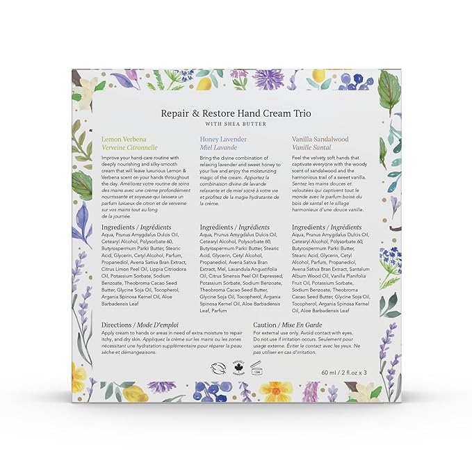 Hand Cream Set of 3, with Shea Butter, Cocoa Butter, Argan & Almond oil, Moisturizing Dry Hands, (Lemon Verbena, Honey Lavender, Vanilla Sandalwood) 60 ml (2 fl.oz. x 3)