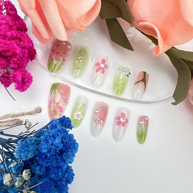 30Pcs Spring Flower Press on Nails Medium Almond Fake Nails with 3D Pearl Rhinestones Design Summer Grassland French Tip False Nails Silver Butterfly Bow Floral Stick on Nails for Women Decor