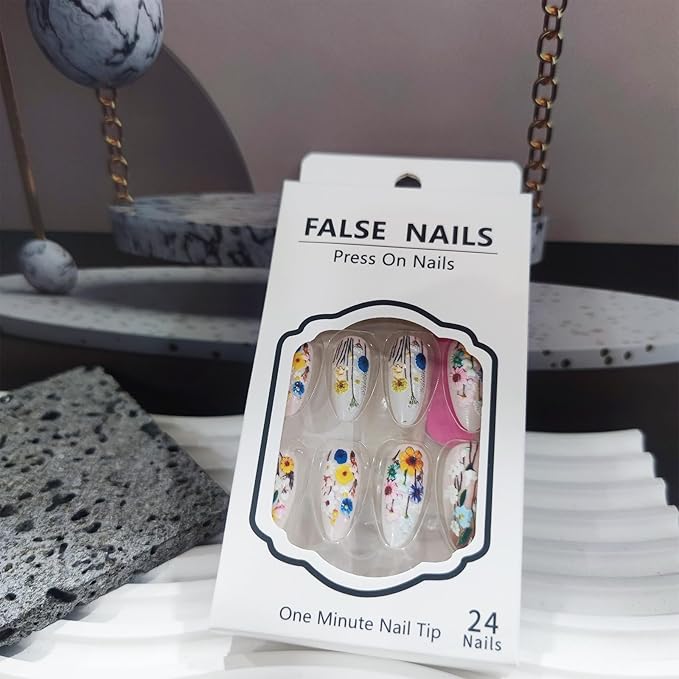 Wild Flower Press on Nails 24Pcs Green Leaves Medium Almond False Nail Summer Flowers Gel Glue on Fingernails Glossy Brown French Stick on Nail Acrylic Full Cover Fake Nails for Holiday Manicure Art