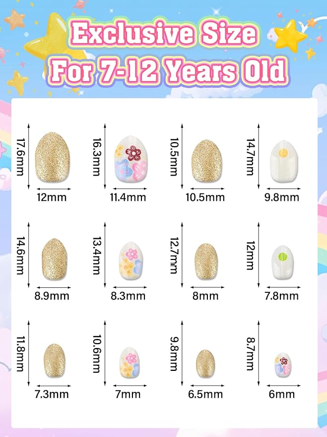 72 Pieces Press on Nails Girls, EBANKU Children Fake Artificial False Nail Tips Pre Glue Full Cover Gold Strawberry Press on Nails for Kids 7-12 Years