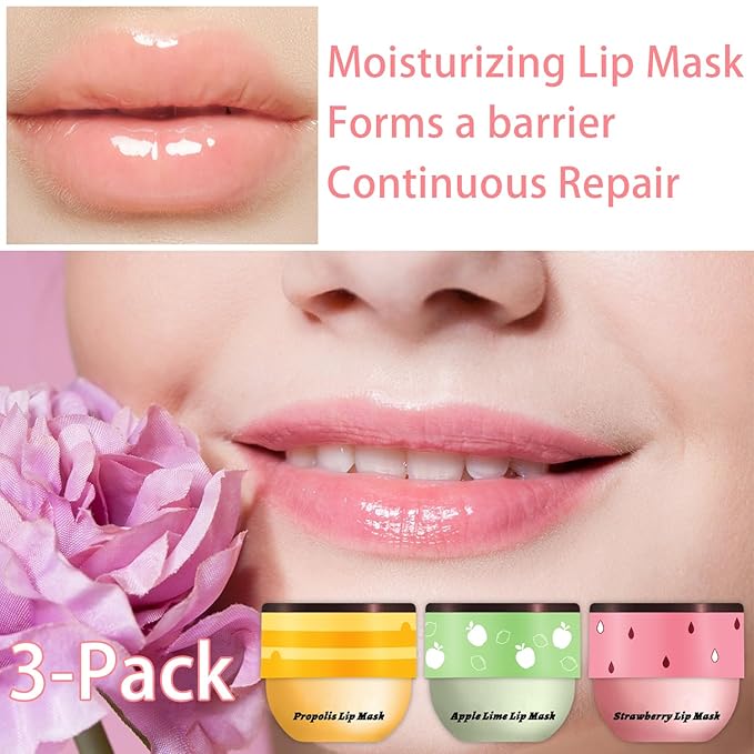 3 PCS Bee Honey Pot Lip Balm & Mask Set A - Strawberry, Apple Lime, Propolis - Moisturizing, Hydrating, Wrinkle Care