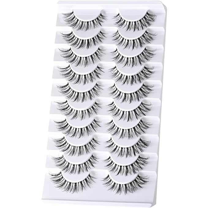 FARRED Cat Eye Lashes Natural False Eyelashes Wispy Mink Eye Lash Fluffy Wispies Eyelash Natural Look 10 Pairs Clear Band Fake Lashes Pack Volume Lash Strips Pestañas (Z10|8-14MM)