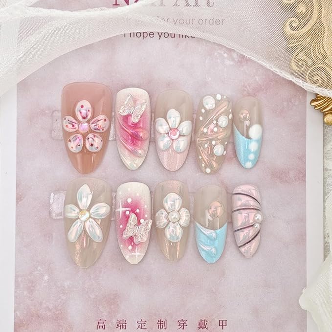 30Pcs Medium Almond French Tip Fake Nails with 3D Flowers, Butterflies, Rhinestones & Glitter Design - Full Cover Pink Gradient Acrylic Nails - 24pcs Summer Press On Nails Set
