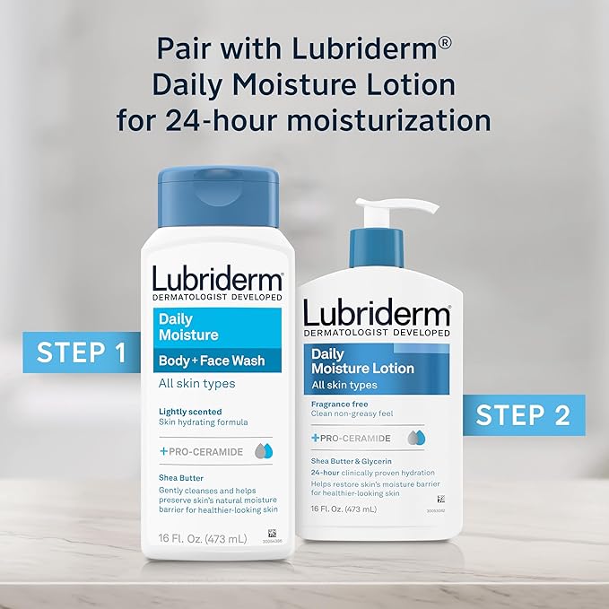 Lubriderm Daily Moisture Body + Face Wash, Hydrating Body Wash + Moisturizing Facial Cleanser with Pro-Ceramide & Shea Butter to Gently Cleanse, Light Fragrance & Hypoallergenic, 16 fl. oz