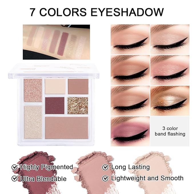 Makeup Kit for Teens Girls, Makeup Present Set for Women, Makeup Full Kit for Beginners, Mini Makeup Bundle Include 7 Puce colors Matte & Shimmer Pigmented Eyeshadow Palette, Eyebrow Powder