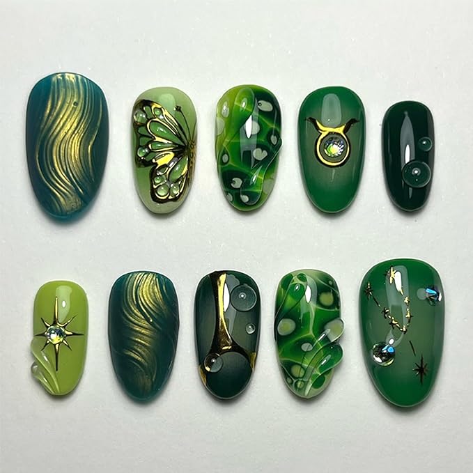 30Pcs Green Press on Nails Oval Almond Fake Nails Gold Butterfly Design Rhinestone Starlight Full Cover Nail Tips Handmade False Fingernails Medium Artificial Nails Cute Stick on Nails for Women DIY