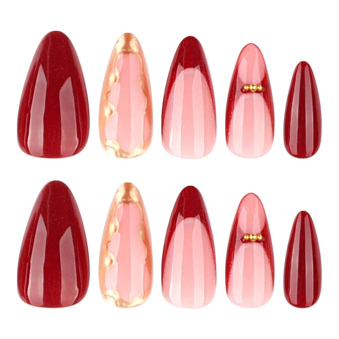 Press on Nails Almond Fake Nails Red French Tip False Nails Press ons with Gold Line Design Medium Acrylic Nails Glossy Full Cover Glue on Nail for Women Manicure 24Pcs