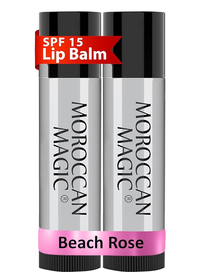 Moroccan Magic Beach Rose SPF 15 Lip Balm - Rose Vanilla | Argan Oil & Essential Oils | Family Owned | Cruelty Free | 2 Pack