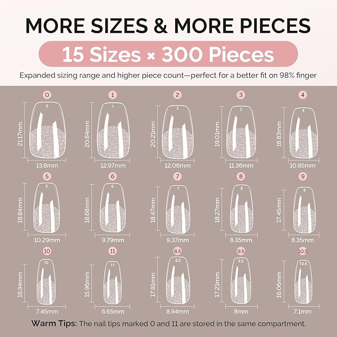 MelodySusie Short Ballerina X Nail Tips - 300Pcs Clear Acrylic, Half Matte Full Cover Press on Nails for DIY Extension & Salon Use,15 Sizes Pre-Shaped for Long-Lasting Manicure