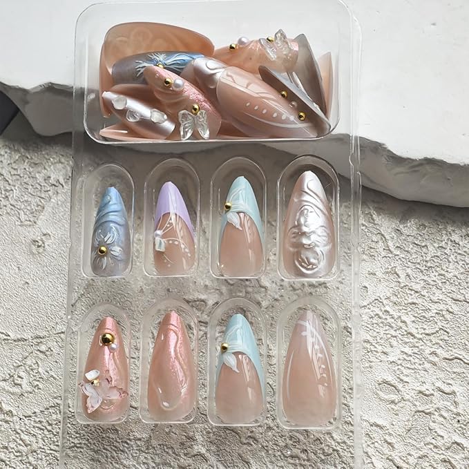 Flower Nail Press ons Butterfly Fake Nails with 3D Design Medium Almond False Nails French Tip Glue on Nials Reusable Artificial Acrylic Full Cover Spring Stick on Nails for Women Girls Manicure 24Pcs