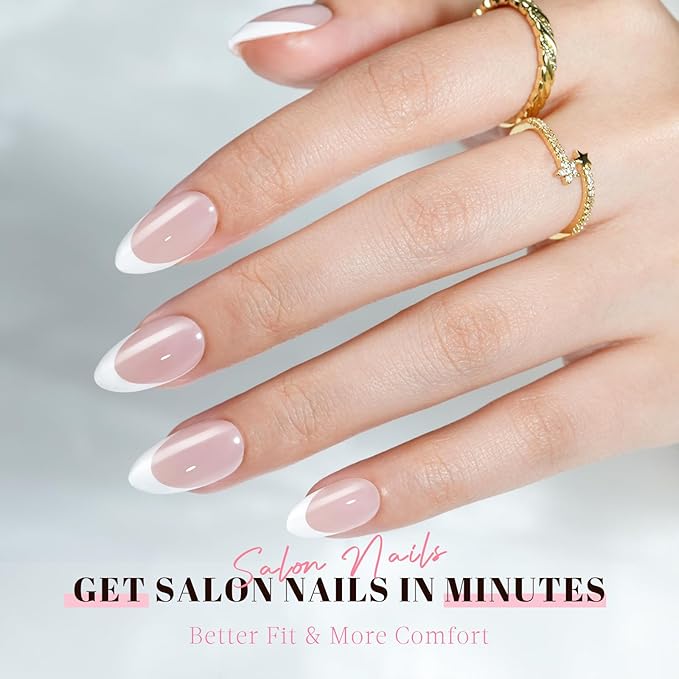 French Tip Press on Nails Almond, Jofay Fashion Soft Gel Fake Nails, Classic French Manicure Nails, Reusable & Natural Acrylic False Nails, Stick on Nails for Women Girls Gift, Glue on Nails Kit 32Pcs