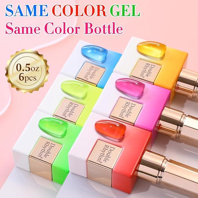 Double Rhythm 6 Pcs 15 ML Gel Polish Set Same Color Same Bottle Soak Off Gel Polish Kit Nail Art Manicure Salon DIY at Home for Women (Jelly Neon Pink Blue Red Green-T6-26)