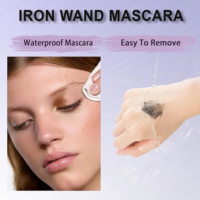 Iron Wand Mascara, Upgrade Black Washable Metal Mascara Wand, Added Fiber for 3D Curling Volume and Length, Waterproof Long Lasting, Smudge-Proof, No Flaking Makeup (1 Pcs)