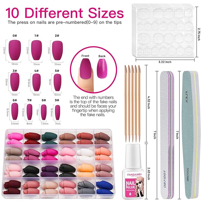 FANDAMEI Matte Press on Nails Medium Length, 24 Packs 576PCS Medium Coffin Fake Nails Full Cover, Acrylic Short Ballerina False Nail tips with Nail Glue, Nail Adhesive Tabs, Nail File for Nail Art DIY