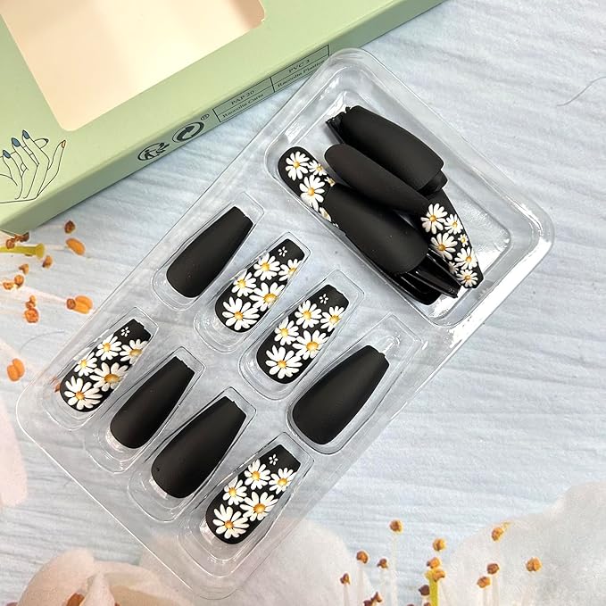 White Daisy Press on Nails Long Ballet Shaped Dark Blue Acrylic False Nail Full Cover Glossy Flower Stick on Nail Daisy Floral Pattern Design Artificial Fingernails 24Pcs DIY Glue on Nails for Women