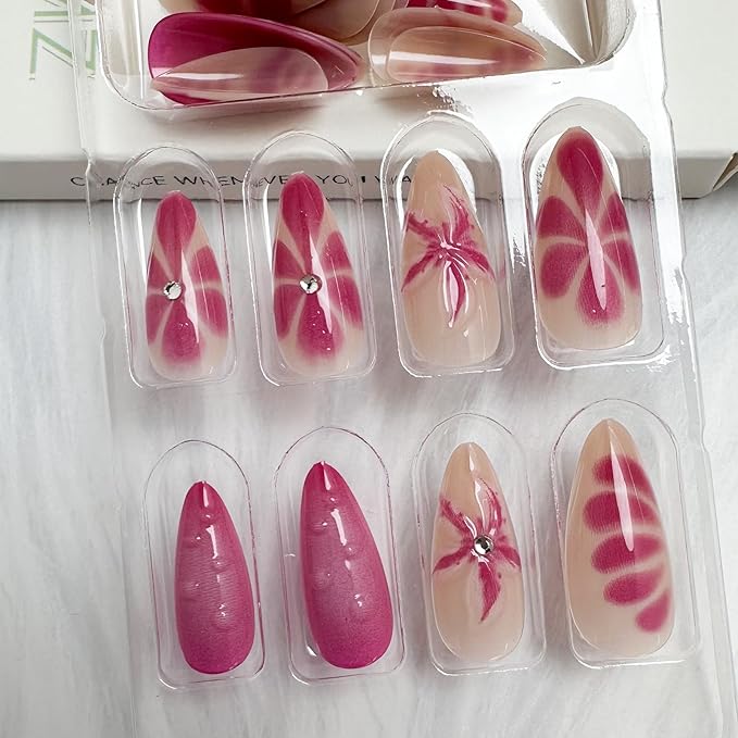 24Pcs Flower Press on Nails Medium Almond Fake Nails with 3D Spring Floral Rhinestones Design Pink Blooming Ombre Acrylic Nails False Nails Blush Gradient Full Cover Glue on Nails for Women