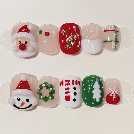 10Pcs Christmas Press on Nails Short Square Cute Fake Nails with 3D Snowman Santa Claus Design Glossy Pink Full Cover Acrylic Nails Winter False Nails Reusable Christmas Stick on Nail for Women DIY