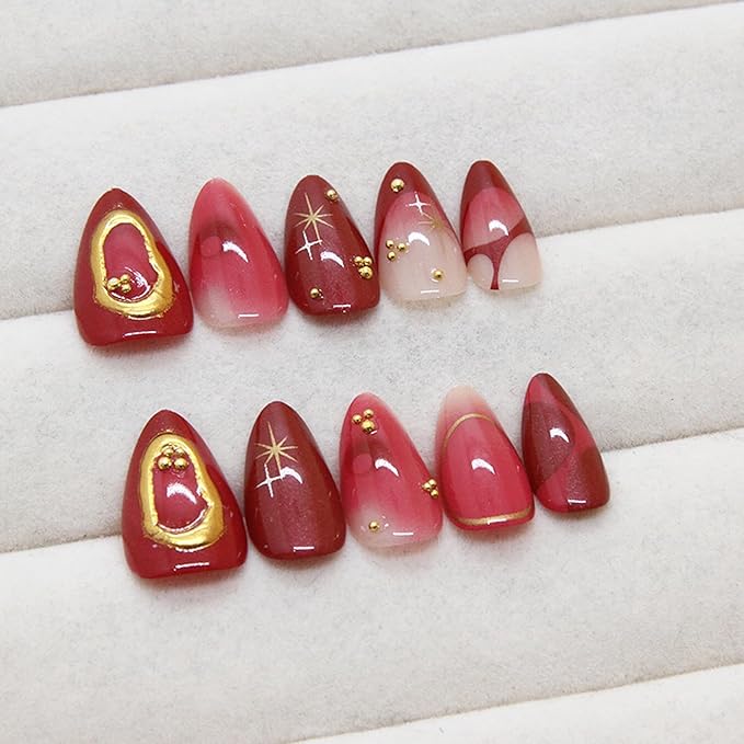 30pcs Deep Red Press on Nails Medium Almond French Fake Nails Stick on Nails Full Cover Artificial Glue on Nails Beautiful Fake nails Kit,Wine Red Nude Color Nail Art, Suitable for Women DIY Manicure