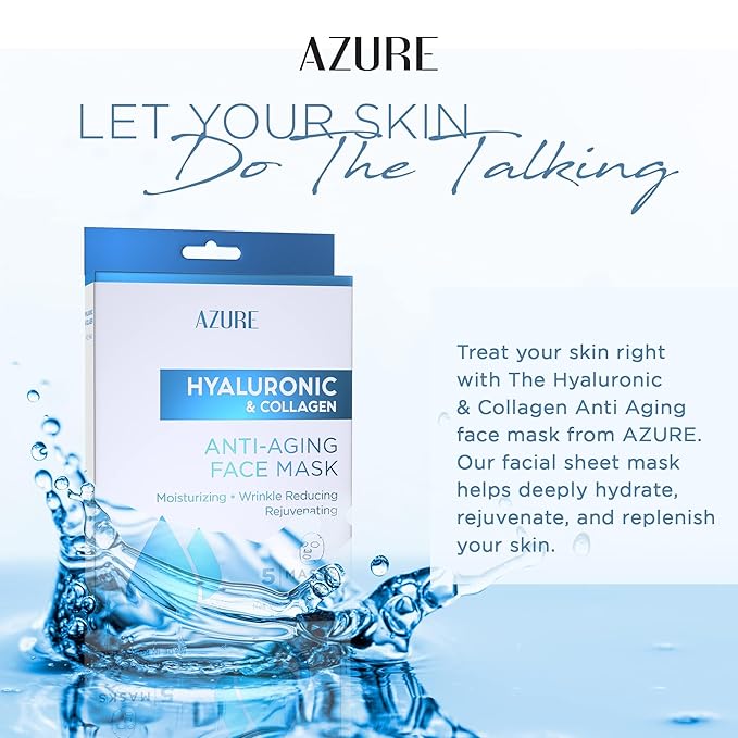 AZURE Hyaluronic Acid & Collagen Anti Aging Sheet Facial Mask - Rejuvenating & Moisturizing Face Mask - Helps Reduce Fine Lines & Wrinkles, Tightens & Smooths - Skin Care Made in Korea - 10 Pack
