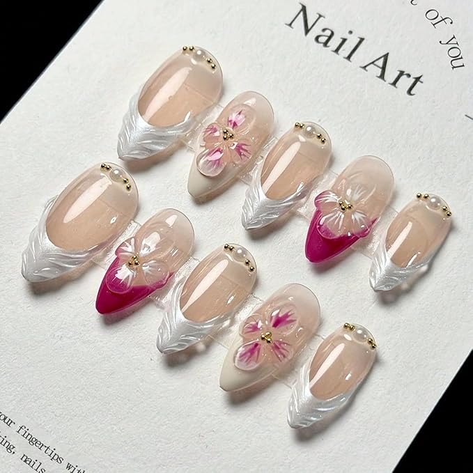 10Pcs Pink French Tip Almond Shaped 3D Floral Pearl Rhinestone Full Cover Tip Glue On Nails