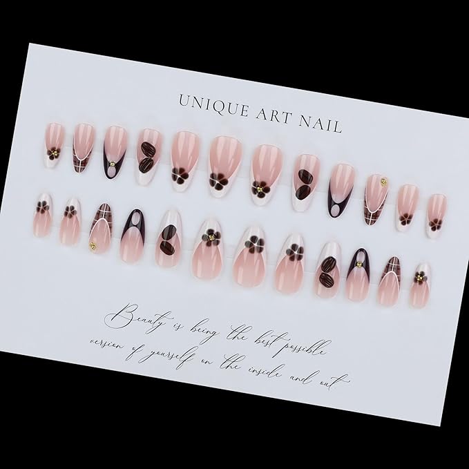 Fall French Tip Press on Nails Medium Almond Fake Nails with 3D Coffee Beans Design Glossy Nude Acrylic False Nails Brown Flower Glue on Nail Full Cover Artificial Stick on Nail for Women 24Pcs
