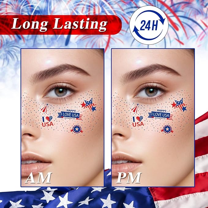 MEICOLY 4th of July Glitter freckles,USA Face Glitter Star Stickers Temporary Freckles Tattoos,Fourth of July Red White Blue Accessories,8 Face Glitter Freckles +13 Temporary Tattoos