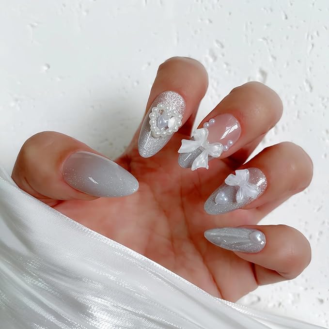 Silver Gradient Cat Eye Press On Nails – 24PCS Medium Almond Fake Nails with 10 Sizes, 3D Floral Design, Reusable Glue-On Nail Tips for Women, Natural Fit for All Occasions