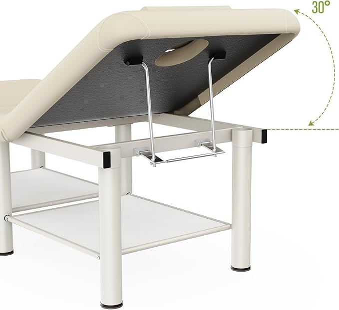 Folding Stationary Massage Table with Backrest and Storage Space, 6 Round Legs Metal Frame PU Leather, 30.5'' Wide × 75'' Long for Treatment Table Physical Therapy Table Spa Facial Bed, Beige Gray