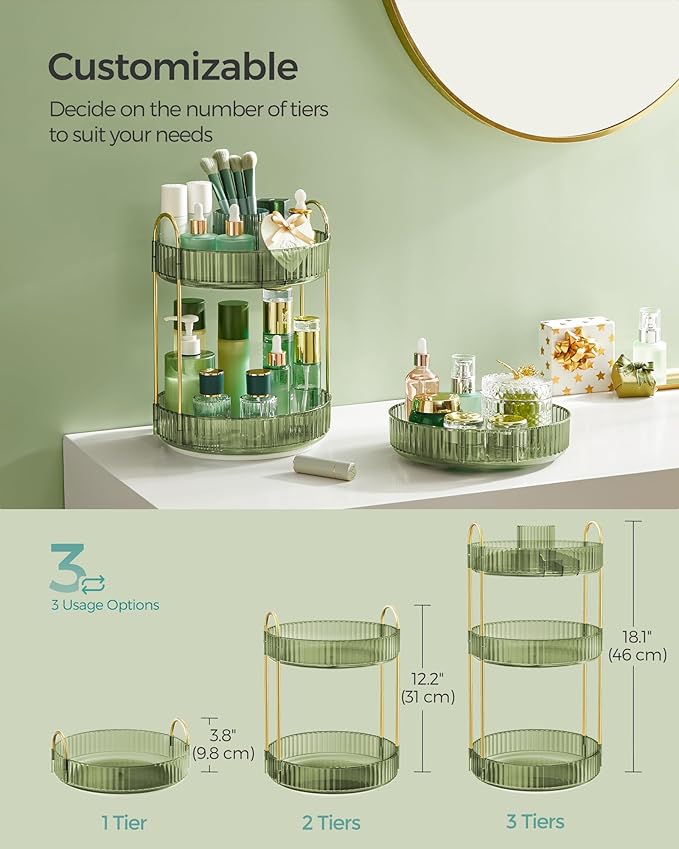 SONGMICS Makeup Organizer, 3-Tier Round Rotating Skincare Organizer Countertop, Customizable, Toiletries Vanity Organizer, Lazy Susan, Gift, Pale Green UJKA011C01