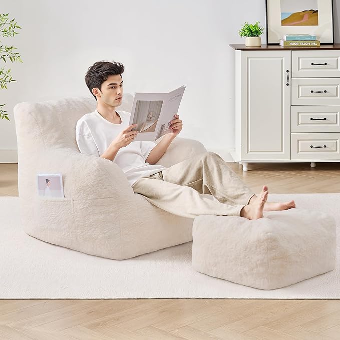 ONBRILL Giant Bean Bag Chairs for Adults with Ottoman, Faux Fur Boneless Chaise Couch Filler with Memory Foam,Large BeanBag Lounge Lazy Floor Sofa Accent Chair for Living Room,Bedroom & Game Rooms