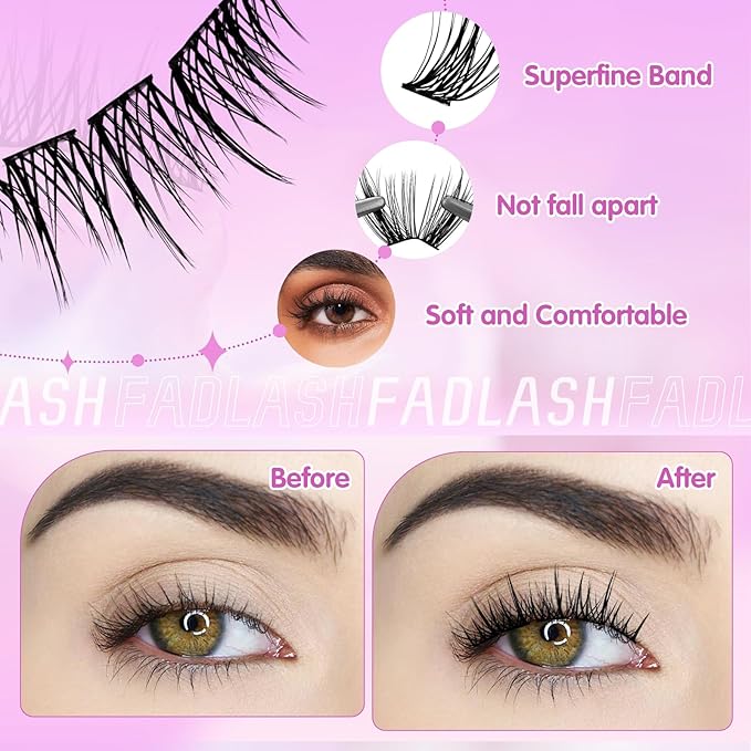 FADLASH Lash Clusters Wispy Eyelash Clusters DIY Reusable Individual Lashes and Waterproof Cluster Eyelash Extensions with Soft Thin Band