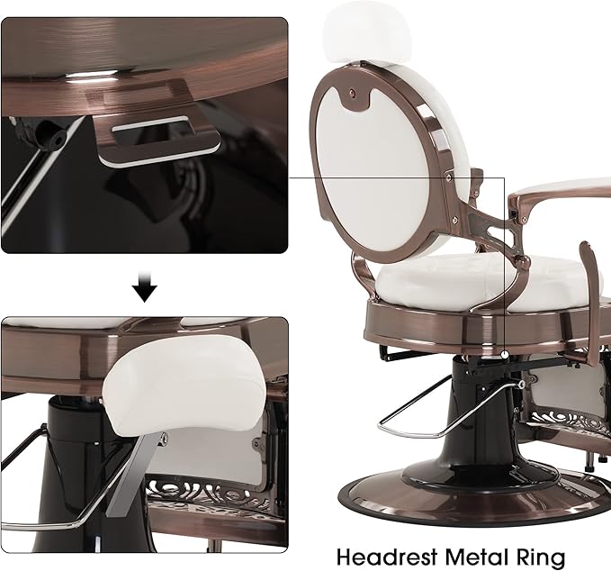 BarberPub Heavy Duty Metal Vintage Barber Chair All Purpose Hydraulic Recline Salon Beauty Spa Chair Styling Equipment 8914 (White with Reddish Bronze Frame)