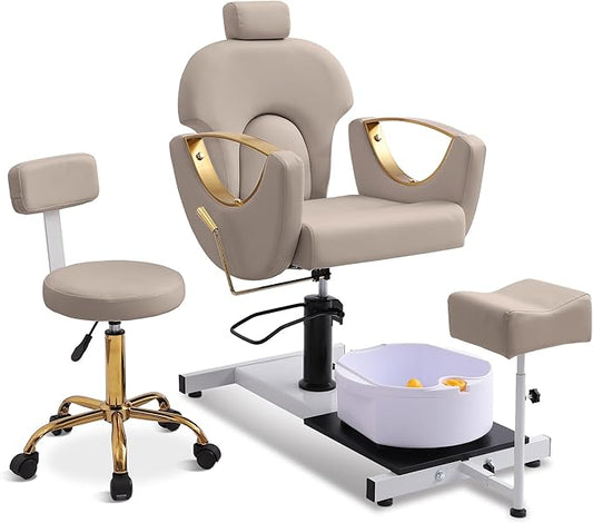 Pedicure Station No Plumbing, Hydraulic Pedicure Chair for Nail Tech, Height Adjustable Reclining Pedicure Station Unit, 360 Degree Swivel Foot Spa Chair with Massage Foot Bath (Grey-Golden)