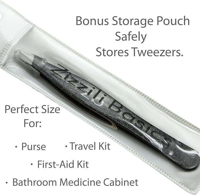 Tweezers – Surgical Grade Stainless Steel - Slant Tip for Expert Eyebrow Shaping and Facial Hair Removal – with Protective Pouch - Best Tweezer for Men and Women (Black)