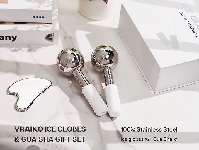 VRAIKO ICE Globes for Facials & Gua Sha Set, Gua Sha Facial Tools and Cryo Sticks with Unbreakable Steel, Face Massager Cooling Rollers for Dark Circles, Puffiness and Lymphatic Drainage (White)