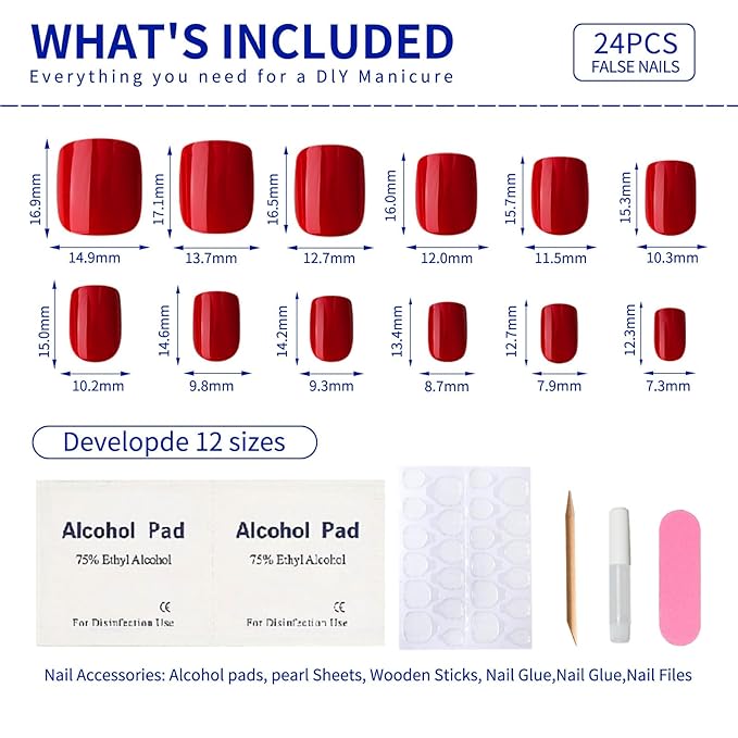 Press on Nails Short Square, True Red Fake Nails Kit, Fashion Glossy Acrylic Press On Nails, Natural Stick on Nails, Thick Reusable Glue on Nails Short Fake Nails for Women, 30Pcs