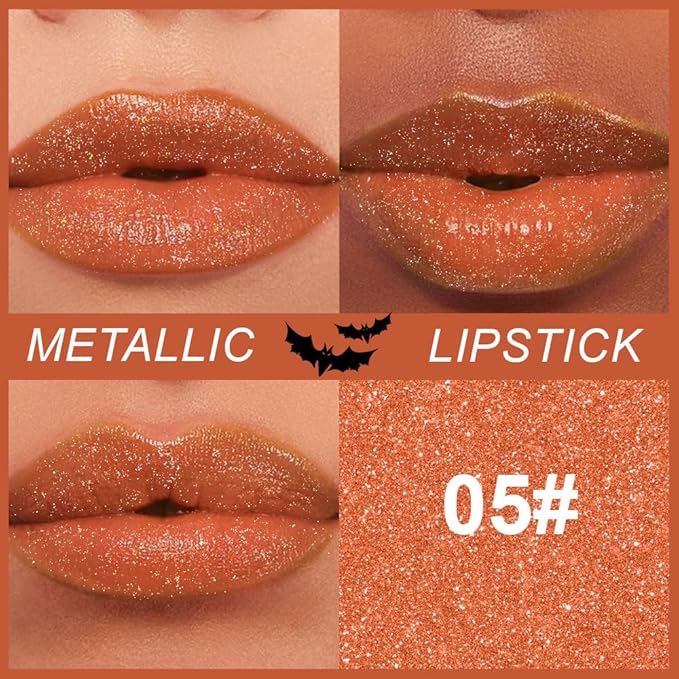 Kaely Glitter Metallic Lipstick, Shimmer Metallic Lipsticks for Women, High Pigmented Lip Gloss Long Lasting Waterproof Smudge Proof 24 Hour, Halloween Makeup, Vegan & Cruelty-Free, 05